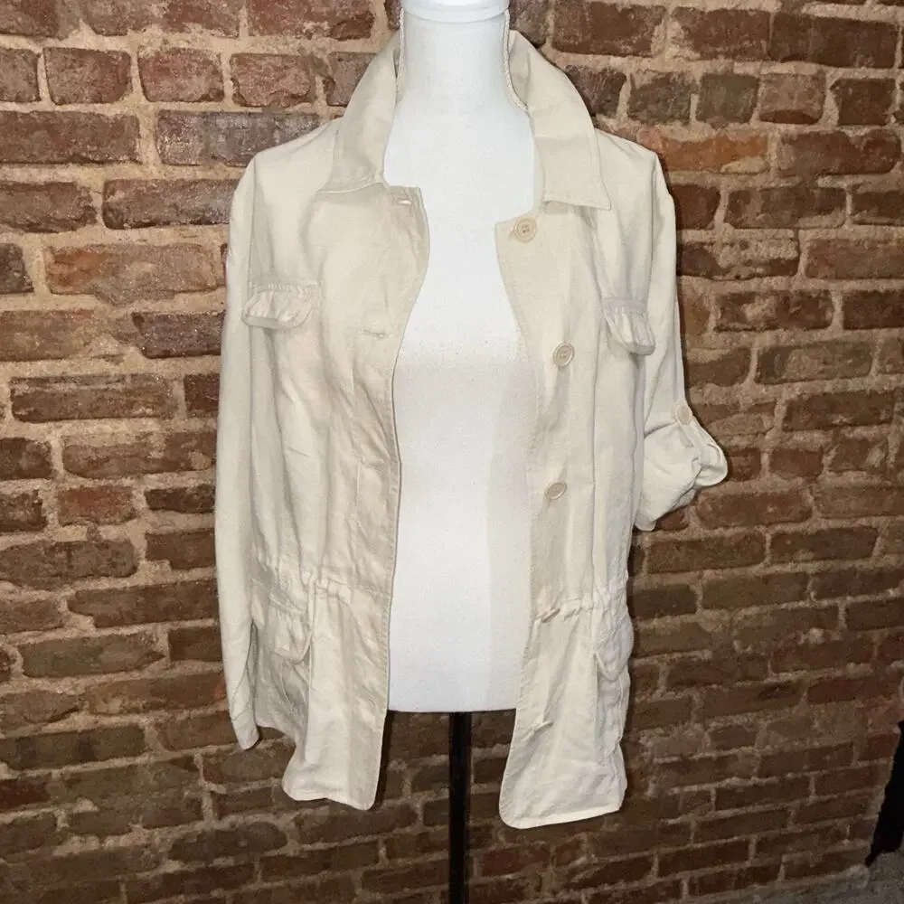 100% Linen Safari Shirt/jacket Utility Coastal Drawstring Waist Roll Tab L EUC - Picture 7 of 13